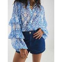 River Island Femme Ruffle Sleeve Blouse - Blue