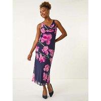 Roman Floral Print Cowl Neck Midi Dress - Navy