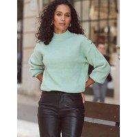 Sosandar Sage Green Funnel Neck Button Shoulder Jumper - Grey