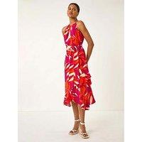 Roman Floral Print Frill Wrap Midi Dress - Cerise