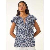 Roman Floral Print Frill Sleeve Tie Top - Navy