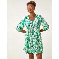 Roman Floral Print Smock Dress - Green
