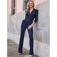 Sosandar Black-Blue Puff Sleeve Kickflare Jumpsuit With Gold Hardware - Natural