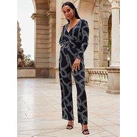 Sosandar Black Geometric Print Wrap Front Wide Leg Jumpsuit With Pockets