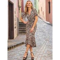 Sosandar Leopard Angel Sleeve Ruched Flippy Hem Jersey Midi Dress