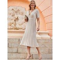 Sosandar Natural Vertical Stripe Mock Wrap Metallic Fit & Flare