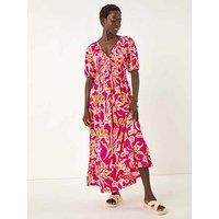 Roman Floral V-Neck Shirred Midi Dress - Pink