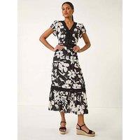 Roman Floral Print Lace Trim Midi Dress - Black