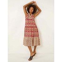 Roman Border Print Smock Dress - Red