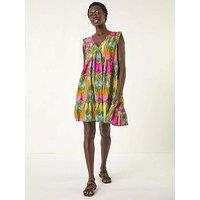 Roman Leaf Print Frilled Smock Dress - Fuchsia