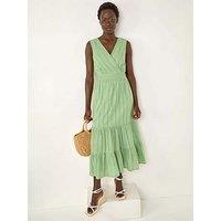 Roman Embroidered V-Neck Midi Dress - Green