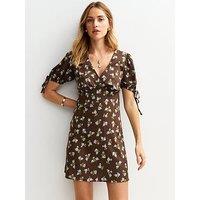 New Look Brown Rose Print V-Neck Tie Sleeve Mini Dress