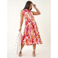 Roman Petite Floral Contrast Tiered Collar Dress - Pink
