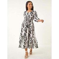 Roman Petite Abstract Leaf Midi Dress - Black