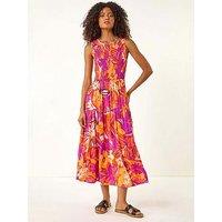 Roman Dusk Floral Print Tiered Midi Dress - Pink
