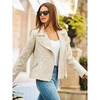 Sosandar Black-White Boucle Biker Jacket With Gold Zip