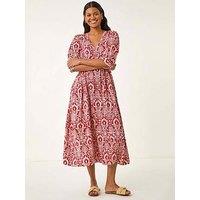 Roman Abstract Print V-Neck Midi Dress - Red