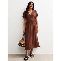 New Look Flutter Sleeve Button Up Midi Dress - Brown