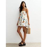 New Look Fish Print Puffball Hem Mini Cami Dress - White