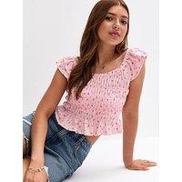 New Look 915 Girls Floral Print Shirred Front Frill Sleeve Top - Pink