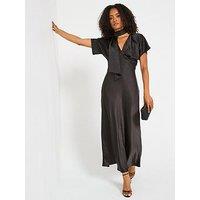 V By Very Satin Tie Neck Maxi Dress - Black