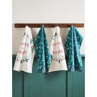 Catherine Lansfield Christmas Holly And Mistle Toe Tea Towels 4 Pk