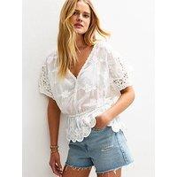 New Look Semi Sheer Crochet Lace Trim V-Neck Blouse - White