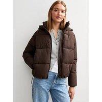 New Look Hooded Cropped Puffer Jacket - Brown