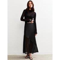 New Look Black Asymmetric Panelled Satin And Chiffon Midi Skirt