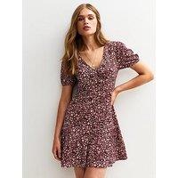 New Look Pink Ditsy Print Crinkle Texture V-Neck Mini Dress