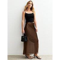 New Look Brown Asymmetric Panelled Satin And Chiffon Midi Skirt