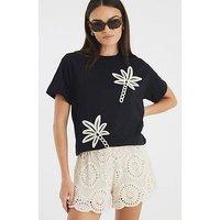 River Island Short Sleeve Palm Tree Crochet Tee - Black