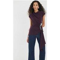 River Island Short Sleeve Drape Floral Trim Top - Purple