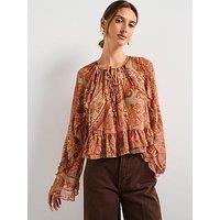 Mango Ruffles Printed Blouse - Brown