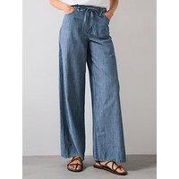 Mango Wide Leg Denim Trousers With Belt - Blue