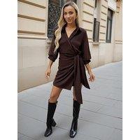 Ax Paris Suedette Tie Front Mini Dress - Brown