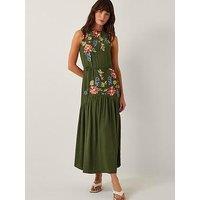 Monsoon Odelle Emb Dress - Khaki - Green