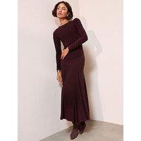 Friends Like These Slinky Ruched Long Sleeve Button Shoulder Maxi Dress - Burgundy