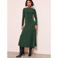 Friends Like These Slinky Ruched Long Sleeve Button Shoulder Maxi Dress - Dark Green