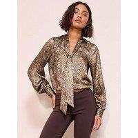 Friends Like These Tie Neck Snake Foil Blouse - Brown