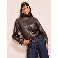 Friends Like These Pu Funnel Neck Bomber Jacket - Chocolate Brown