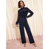 Friends Like These Sequin Mix Chiffon Jumpsuit - Navy