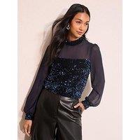 Friends Like These Sequin Chiffon Yolk Blouse - Navy