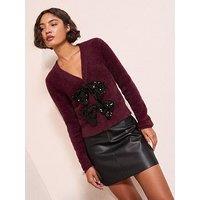 Friends Like These Sequin Bow Eyelash Cardigan - Burgundy