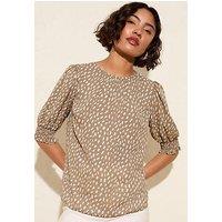 Friends Like These Print 3/4 Sleeve Shirred Cuff Blouse - Light Brown