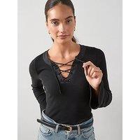 The Very Collection Lace Up Rib Long Sleeve Top - Black