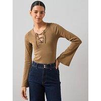 The Very Collection Lace Up Rib Long Sleeve Top - Khaki