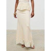 Pretty Lavish Orlendina Fringe Knit Midaxi Skirt - Cream