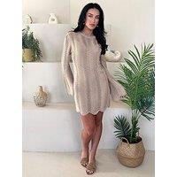 Ax Paris Biscuit Long Sleeve Crochet Mini Dress - Beige
