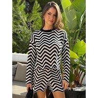 Ax Paris Black And White Zig Zag Long Sleeve Crochet Top - Multi